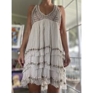 Free People “Twilight” Beaded Mini Dress L Plunge V-Neck Racerback Night Out